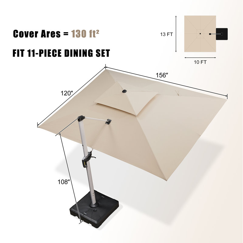 Parasol d'extérieur à double porte rectangulaire en plein air 10 pi x 13 pi avec base, beige, Beige