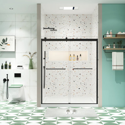 Matted Black Bypass Shower Door, 5/16" Tempered Glass, Leakage Function, Nano Easy Clean, Double Sliding, Install Door With Black, Smooth Sliding System, Collision, 36000 Times Test