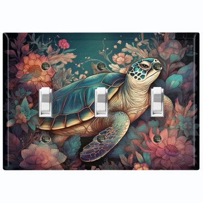 Ocean Turtle Green Flower Nature Themed 3 - Gang Toggle Light Switch Standard Wall Plate
