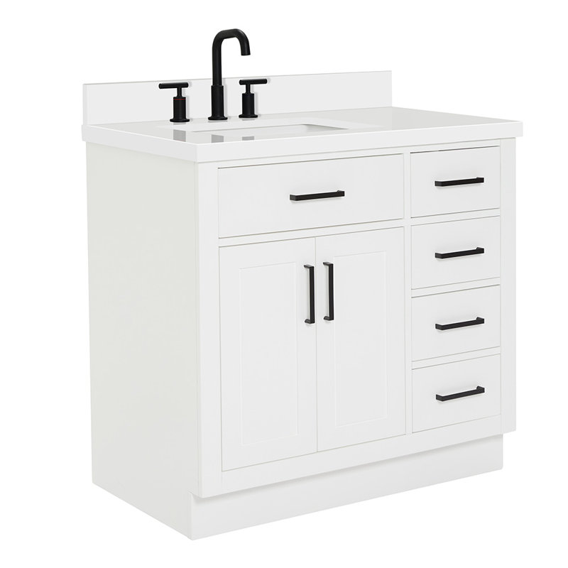 Meuble-lavabo simple en bois massif 36 po Tidworth avec plateau en quartz 1,5 po, Blanc, Forme rectangulaire, Gauche