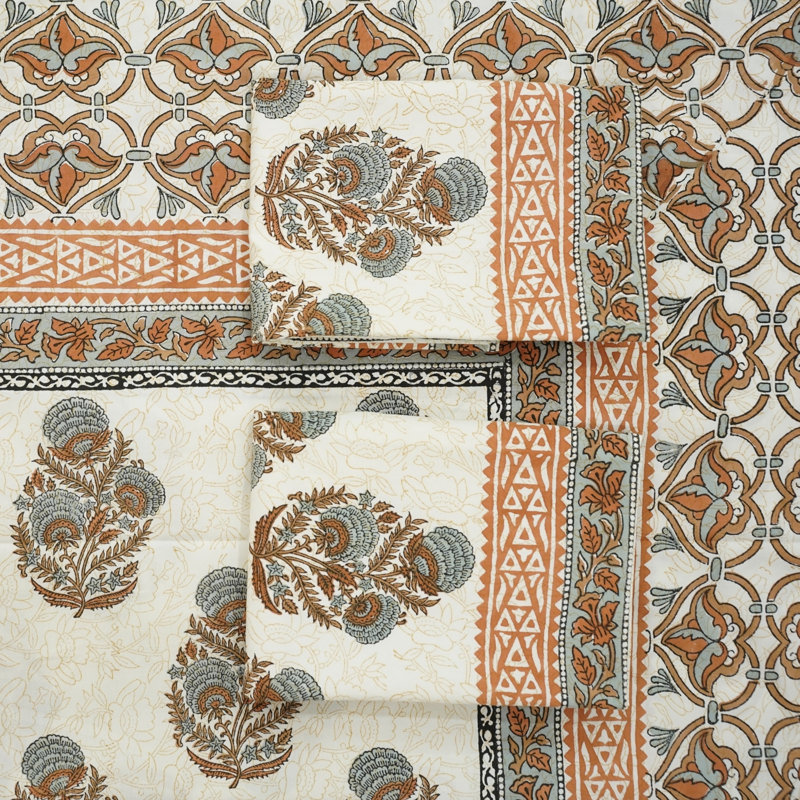 Ensemble de draps en coton 100 x Fab Fabine 102X112, King Flat Sheet with 2 Pillowcases, Motif floral bleu 5
