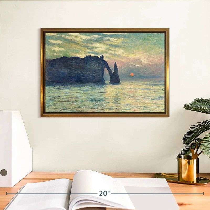 Coucher de soleil sur la falaise d'Etretat, Cadre flottant doré, 13 po x 9 po