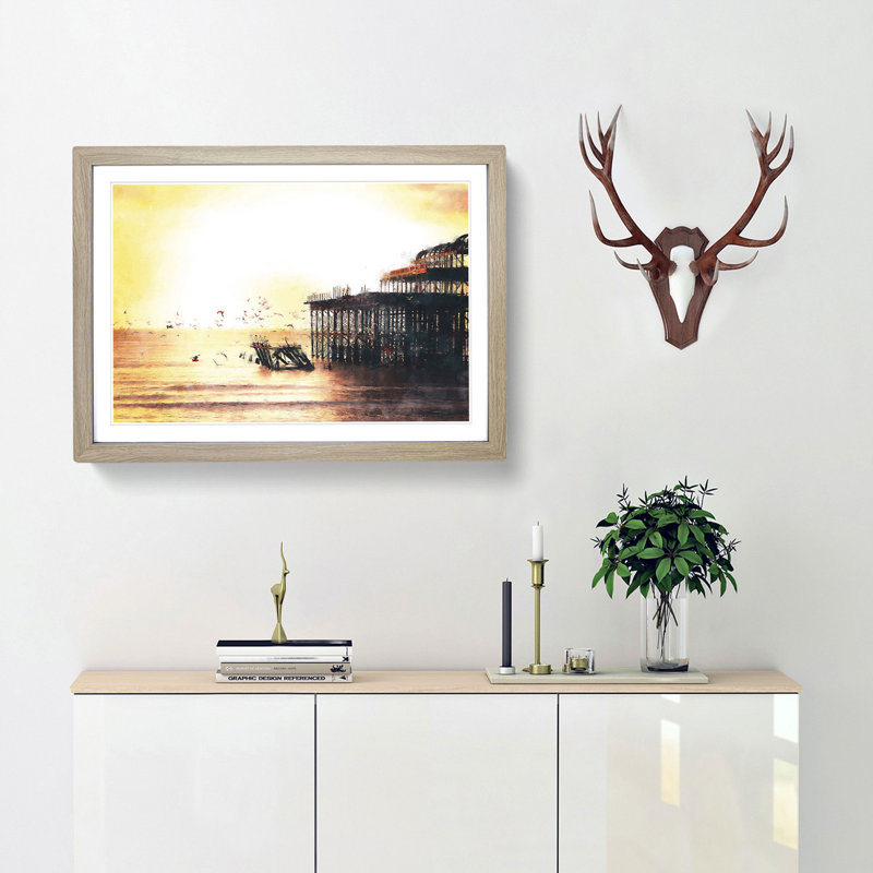The West Pier on Brighton Beach - Picture Frame Painting Print, Oak Framed, 62cm H x 87cm W x 2cm D