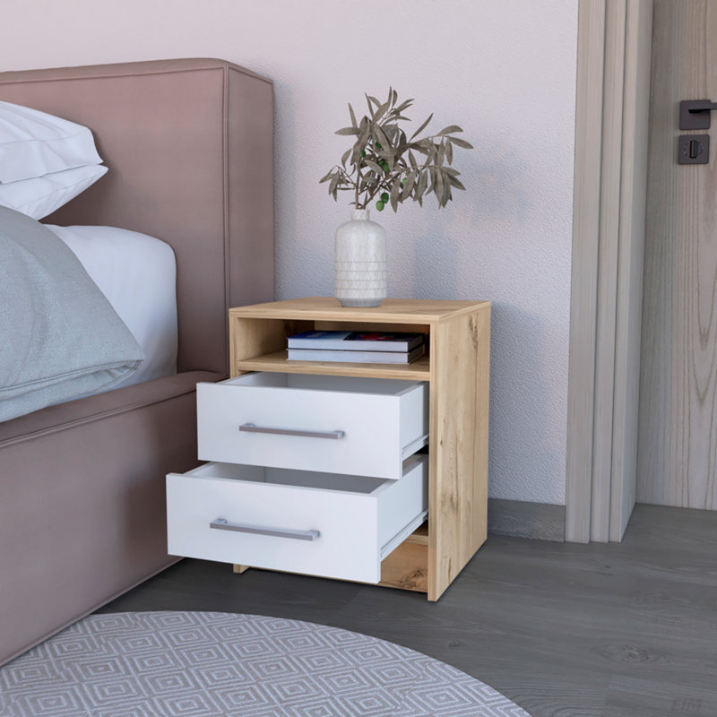 Eastover Nightstand 2.0 In Melamine With Two Drawers, White/Light Oak, 19.9'' H x 15.7'' W x 14.7'' D
