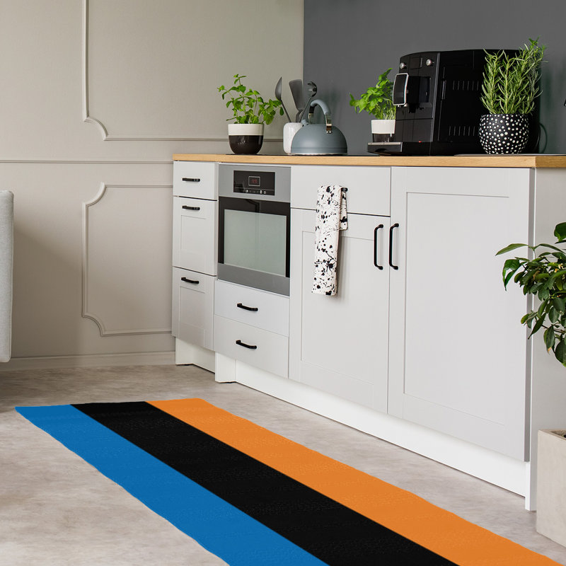 Tapis à rayures bleu/noir/orange, Tapis de couloir 2 pi 6 po x 8 pi