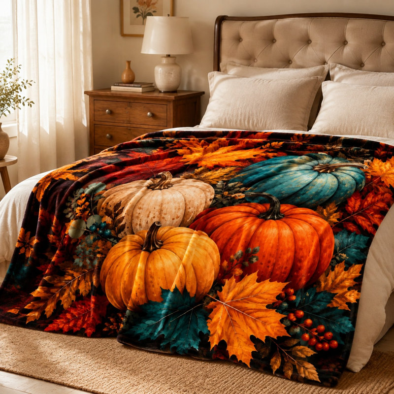 Couverture polaire à motif de citrouilles et de feuilles d'automne, douce et chaude, idéale pour le canapé, la chambre à coucher, le salon et la décoration intérieure.