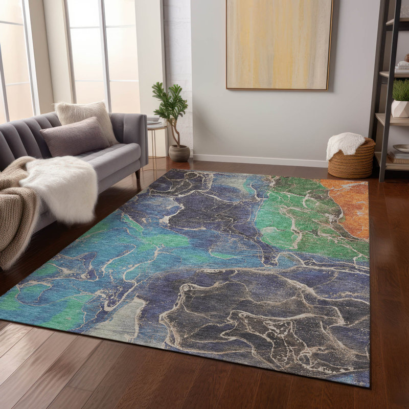 Machine Washable Indoor/Outdoor Xhevrie Blue Rug, Rectangle 3' x 5'