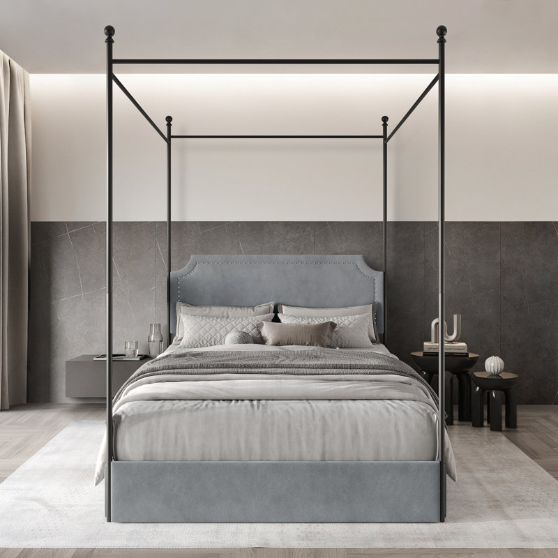Lit plateforme en métal avec tiroirs de rangement en velours, Double, Gris clair