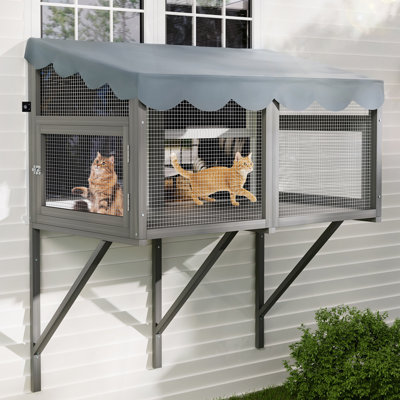 Cat Catio, Window Box Enclosure For Indoor Cats, Wooden Window Perch House, Expandable For Multi Kittens, Secure Comfortable Outdoor Haven For Pets