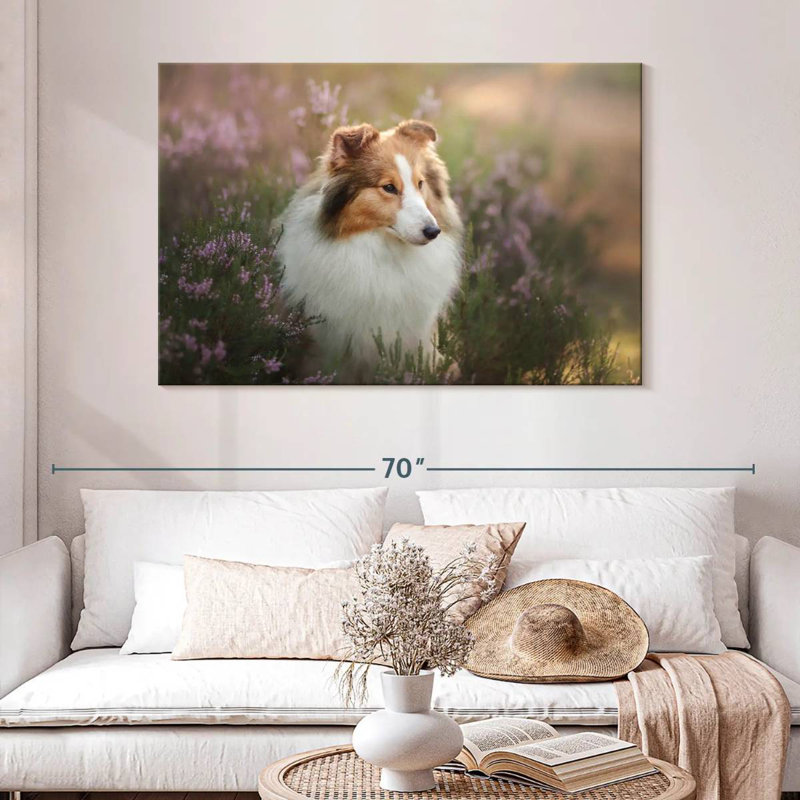 Sheltie et fleurs, H 32 po x l 48 po