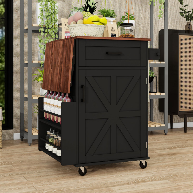 Kitchen Cart with Folding Drop Leaf, Drawer, Adjustable Shelf, Open Side Storage and Towel Bar, Black