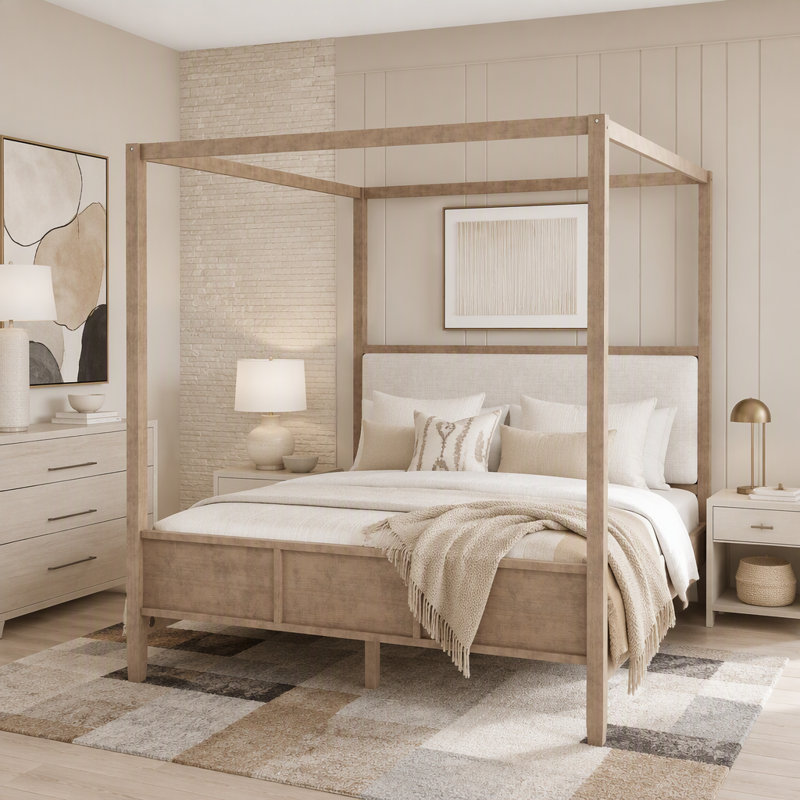 Lit à baldaquin en bois avec tête de lit tapissier, Très grand lit, Natural Walnut