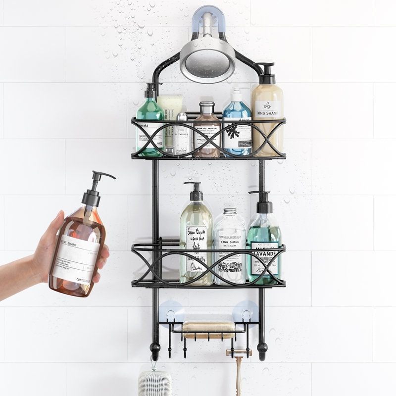 Serviteur de douche à suspendre à 3 niveaux au-dessus de la pomme de douche avec porte-savon et crochets, support de rangement sans perceuse