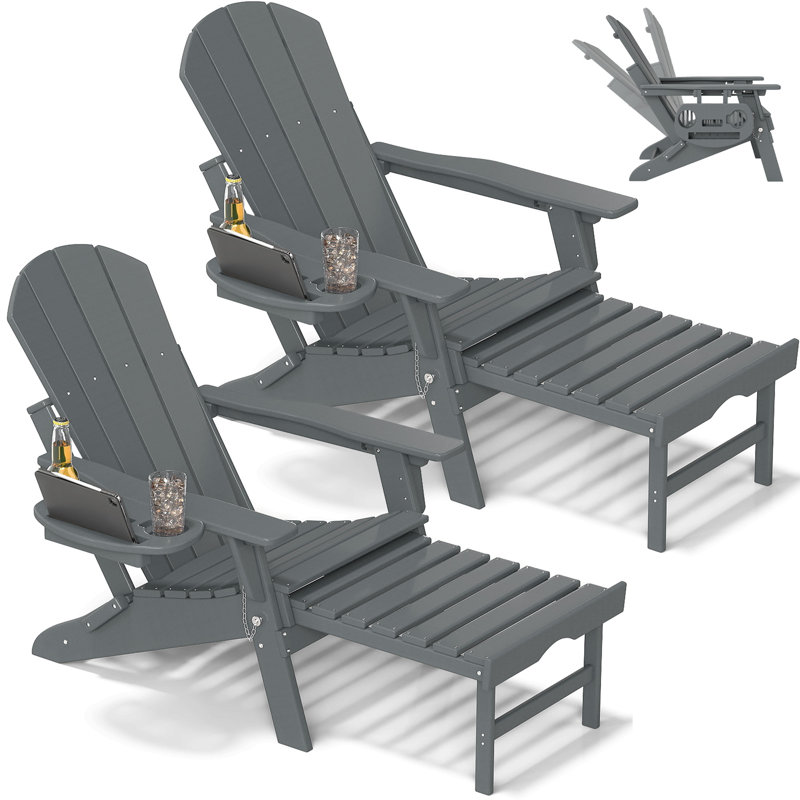 Chaise Adirondack pliante et réglable en PEHD Celese avec repose-pieds, Gris