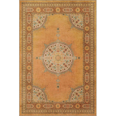Yellow Traditional Woven Base Washable Rug