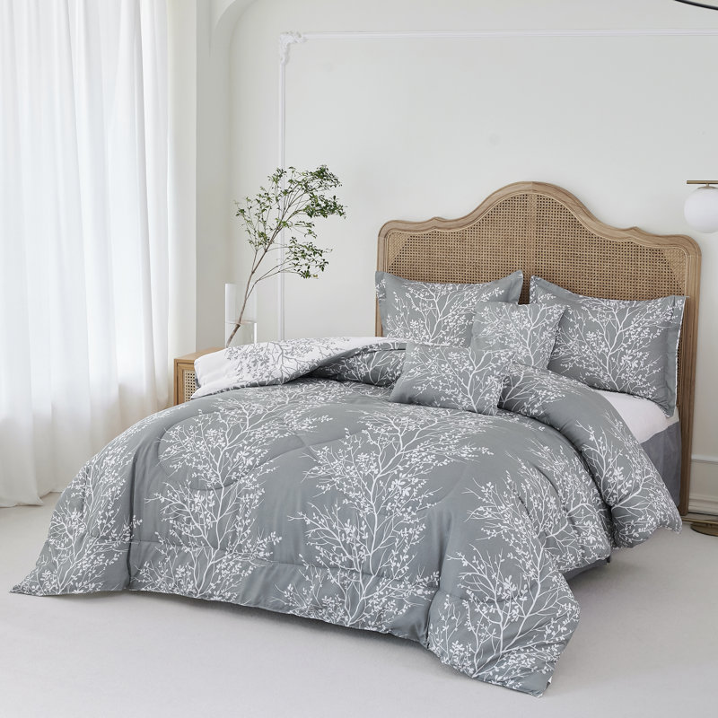Ensemble d'édredon réversible Foliage, Gris / blanc, Ensemble d'édredon grand + 5 pièces supplémenta