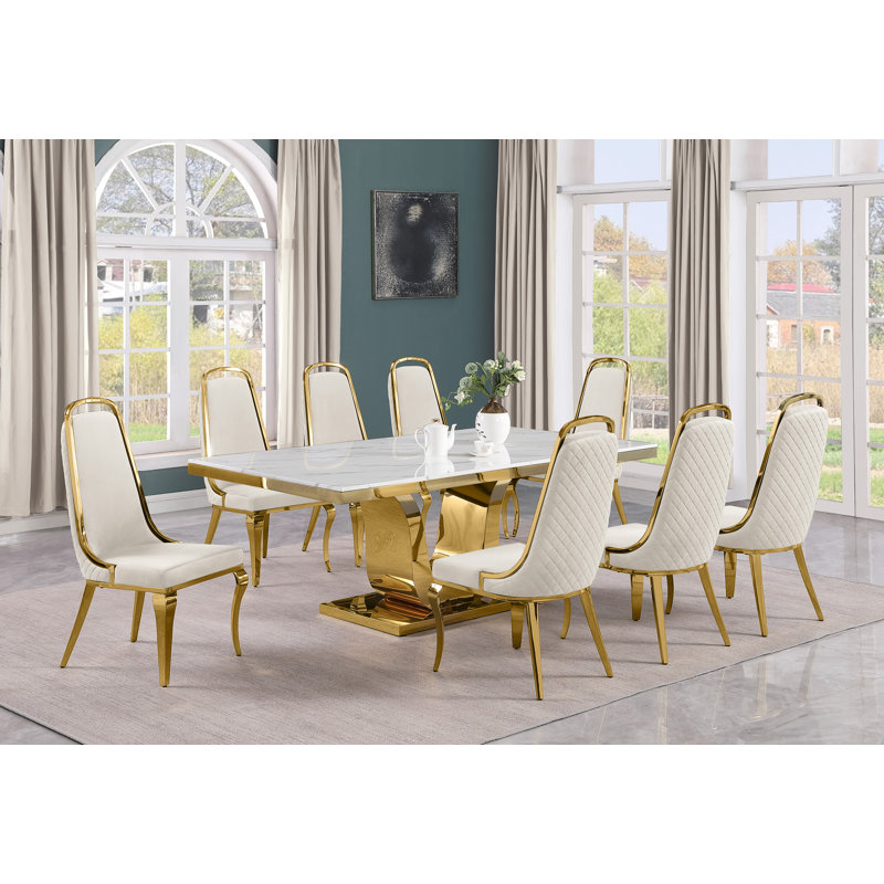Kimoria Marble Top Pedestal Dining Set, Cream, 9