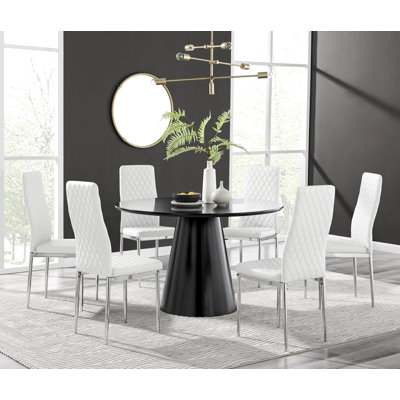 Edward Statement Pedestal Dining Table Set with 6 Luxury Faux Leather Upholstered Dining Chairs