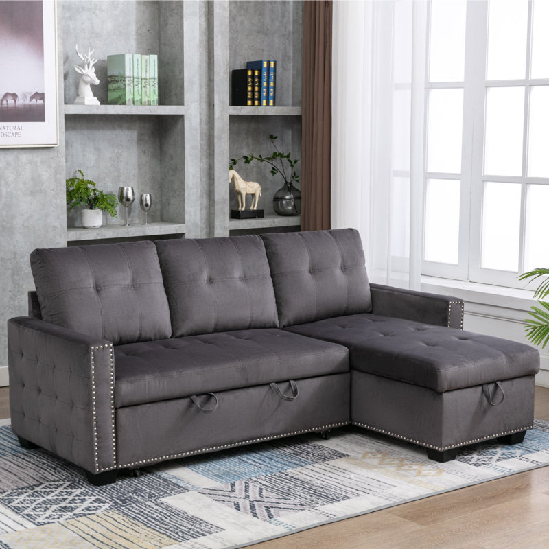 77 Inch Reversible Sectional Storage Sleeper Sofa Bed, Dark Gray Velvet