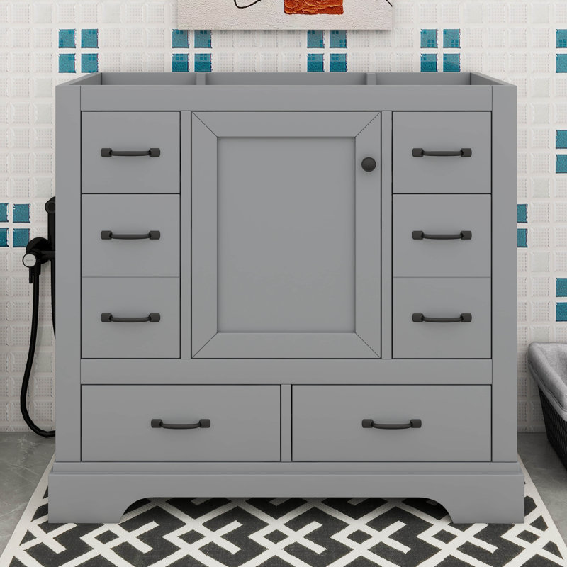 36" Vanity Bathroom Cabinet Without Sink, Six Multi-Functional Drawers, Adjustable Shelf, Gray