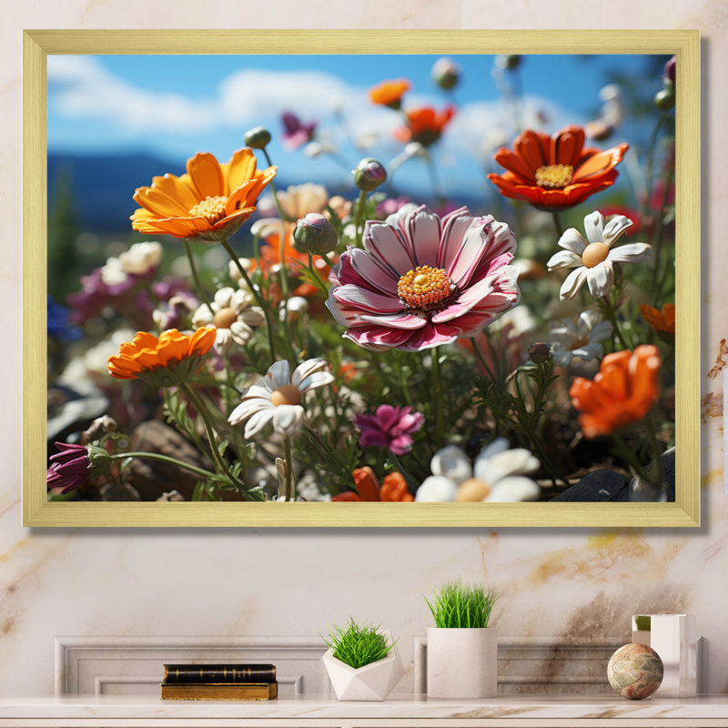 Bouquet de fleurs fantaisistes Attiyya - impression, Cadre doré simple, H 16 po x l 32 po x P 1 po