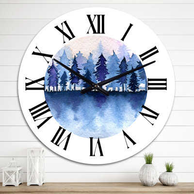 Horloge murale traditionnelle forêt d'épinettes bleu foncé et ciel rose