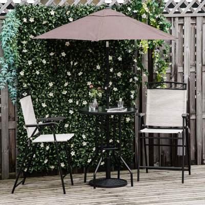 4 Piece Outdoor Patio Dining - . Beige. 2 Folding Chairs, Adjustable Umbrella, Tempered Glass Table. Suits Garden, Deck, Patio. Strong Steel & Breathable Fabric Collection For Poolside, Garden. Frame