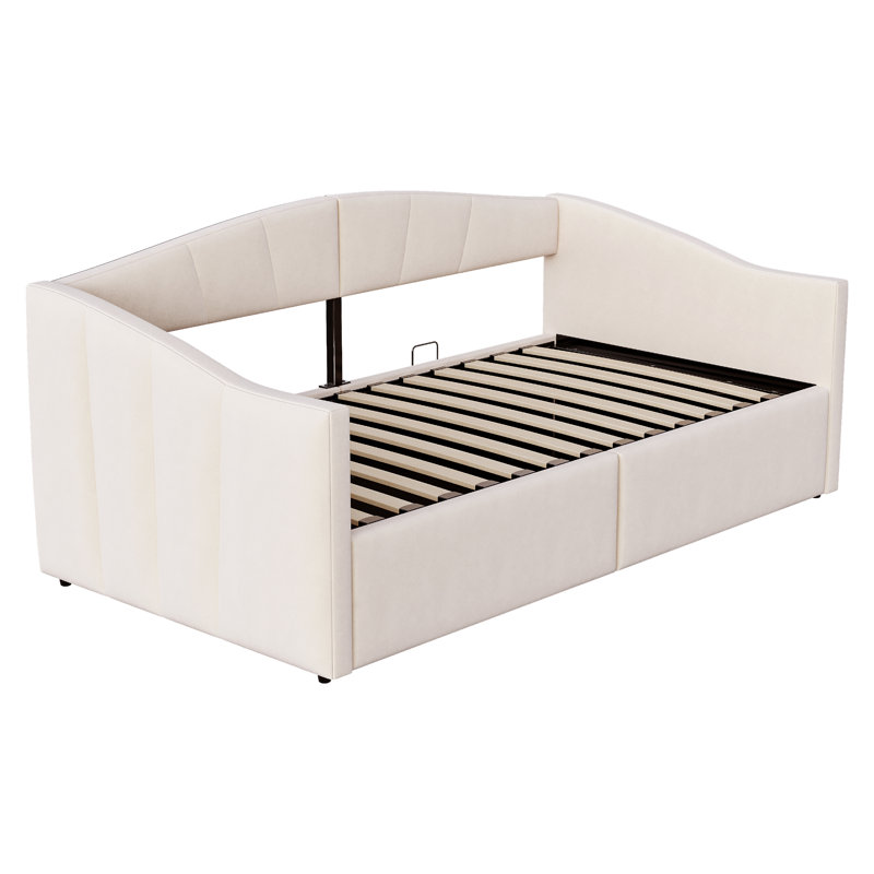 Daybed With Hydraulic Storage & Drawers, European Single (90 x 200 cm), Beige