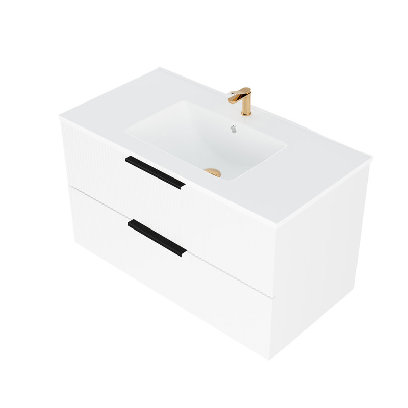 Meuble-lavabo mural moderne flottant de 36 pouces avec lavabo en céramique blanc et deux tiroirs, premier tiroir en forme de U, espace de rangement organisé, panneau multicouche pour plus de durabilité, installation simple