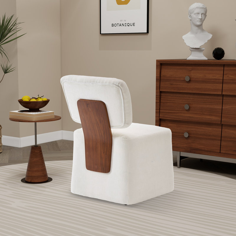 Chaise de salle à manger rembourrée en lin avec roulettes Modern, Ivoire ivoire