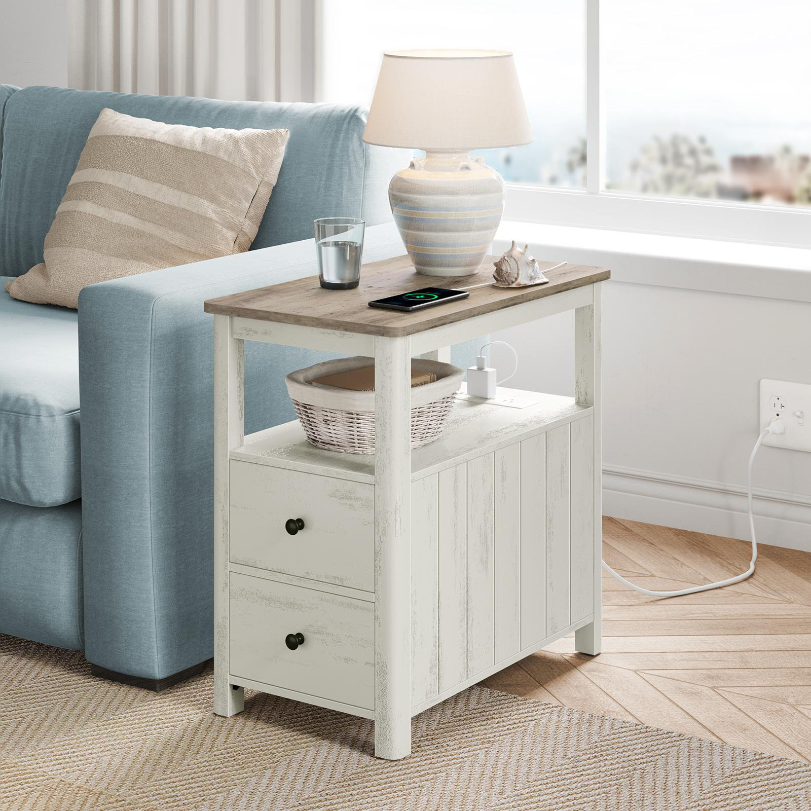 Latitude Run® End Table with Charging Station and 2 Drawers, Coastal Style (Heather Gray)