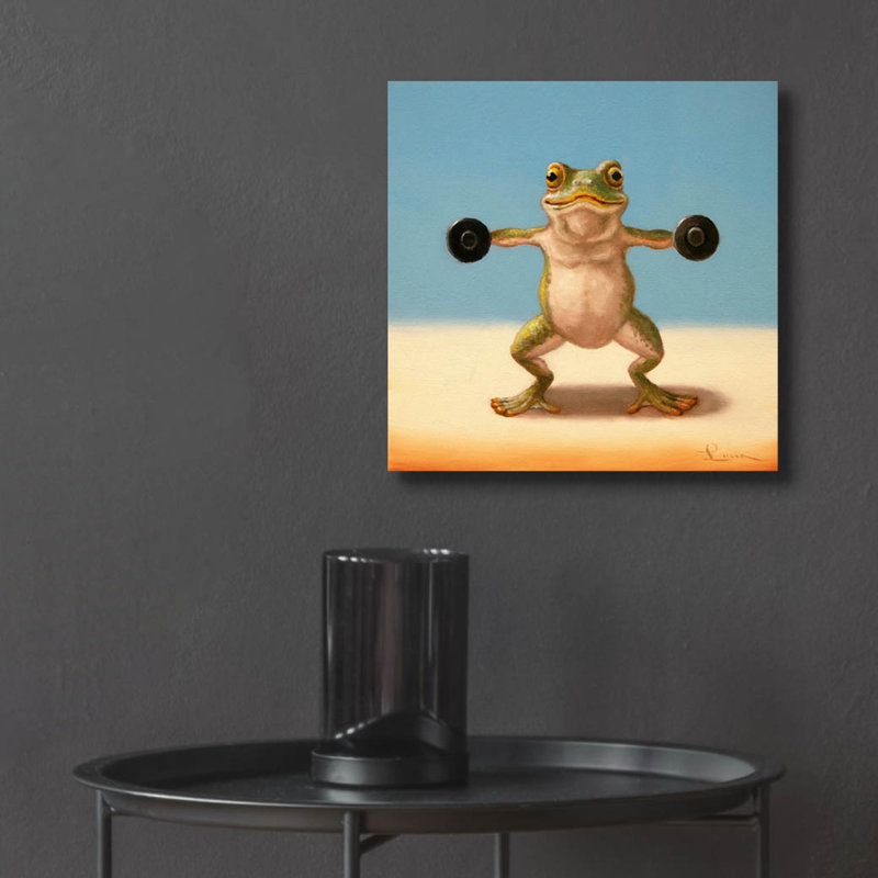  «Gym Frog Dumbell L latéral Raise» par Lucia Heffernan, art mural en verre acrylique, 12 po x 12 po