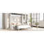 Grand lit avec rangement intégré, bureau et rangement, peu encombrant, blanc, bois et coin salon moelleux