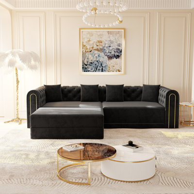 90.6" 3-in-1 Convertible Sleeper Sofa - Elegant Modern Couch with Button Tufting & Gold Edge Trim, 3-Seater with Movable Ottoman (Black)