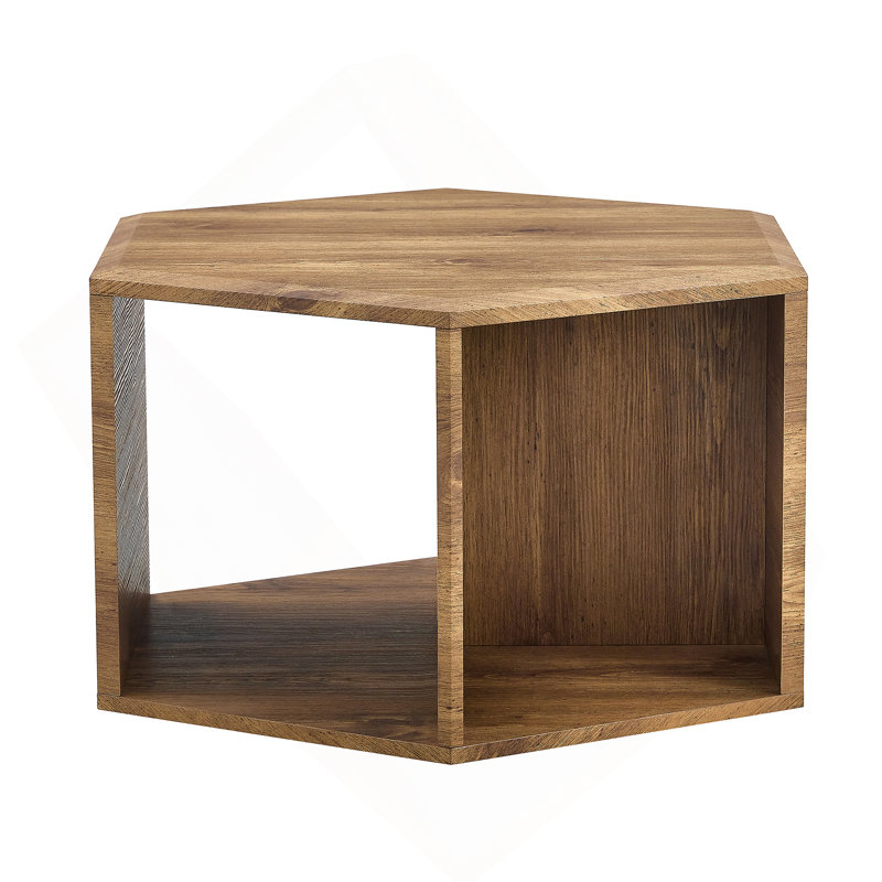 Hexagonal MDF coffee table, characteristic pattern stickers, 14" H x 25" L x 21.6" W