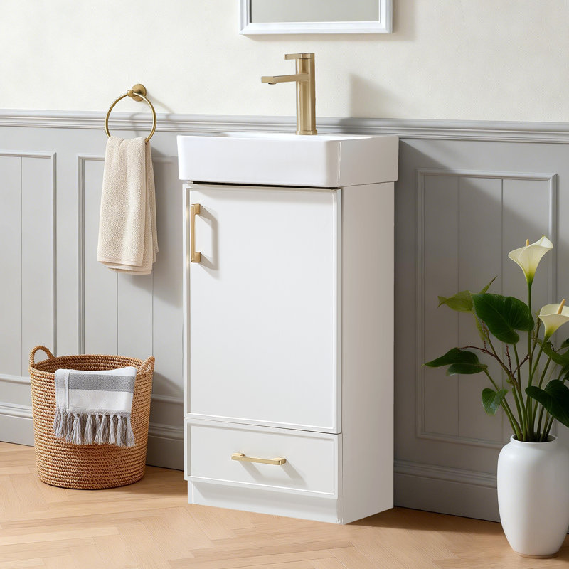 Meuble-lavabo moderne de 18 po avec lavabo en céramique, armoire compacte autoportante avec 1 porte à fermeture en douceur et 1 tiroir inférieur