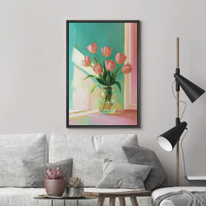 «Pink Tulips in Glass Vase Floral Still Life», reproduction d'art sur toile encadrée, Noir, H 24 po x l 16 po