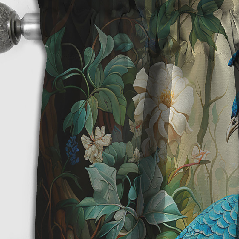 Teal Peacock Monochrome - Peacock Blackout Animal Print Curtain - 1 Panel, 52" W x 108" L