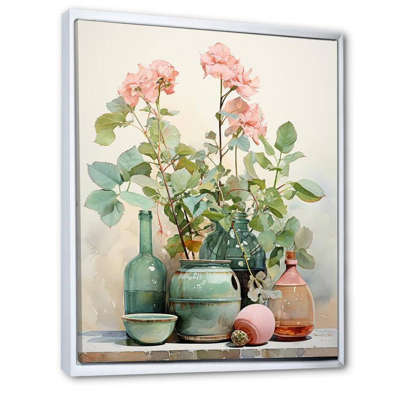 Art floral floral poterie perfection III - Boho, Cadre flottant blanc, 44" H x 34" W
