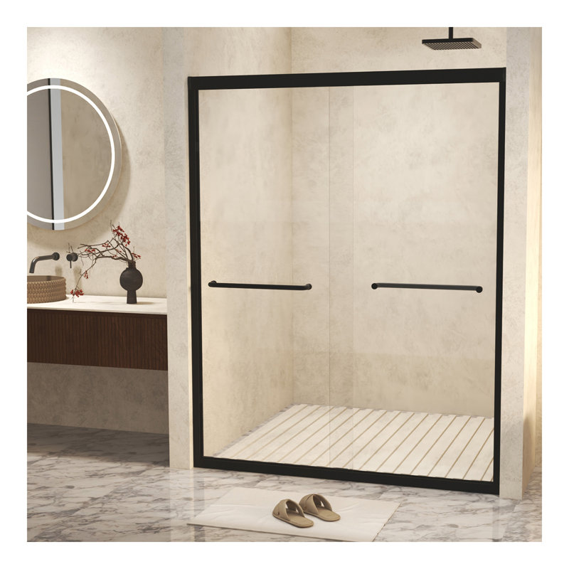 Tempered Glass with Explosion Proof Film, Aluminum Frame Double Sliding Shower Door, "1/4 (6 mm), Stainless Steel handle, Matte Black