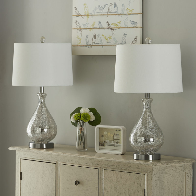  Belmonte 23" Modern Clear Water Glass Table Lamp with White Linen Shade and Polished Nickel Base, Nickel