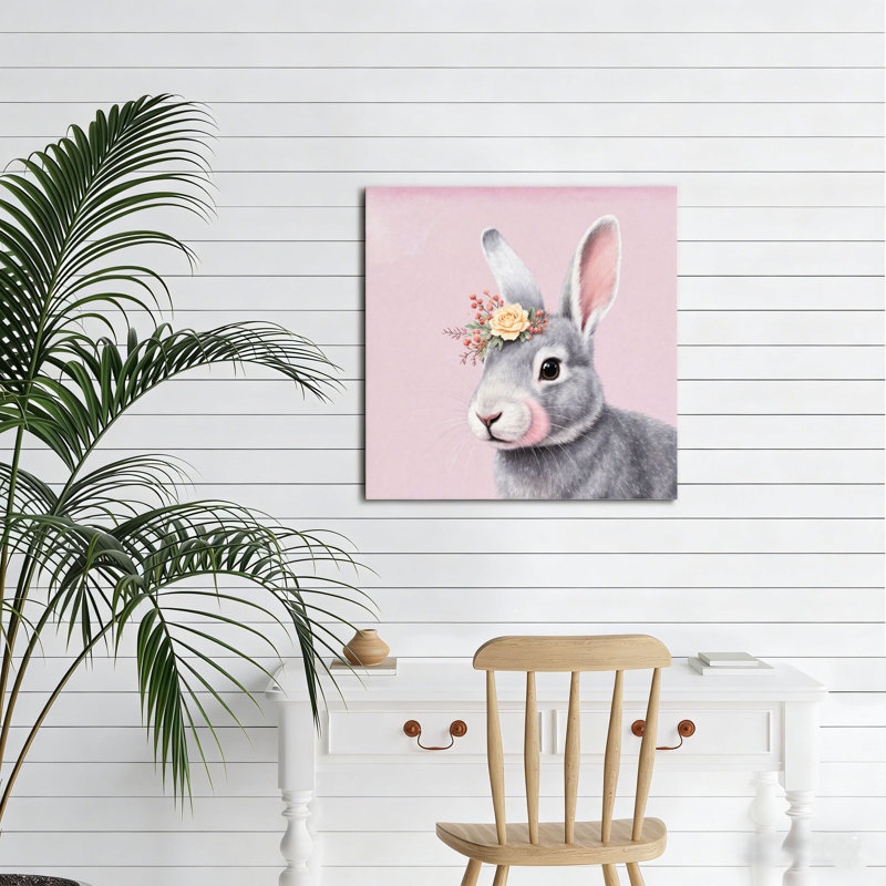 Lapin gris avec des fleurs, art mural en bois encastré ， 16 x 16