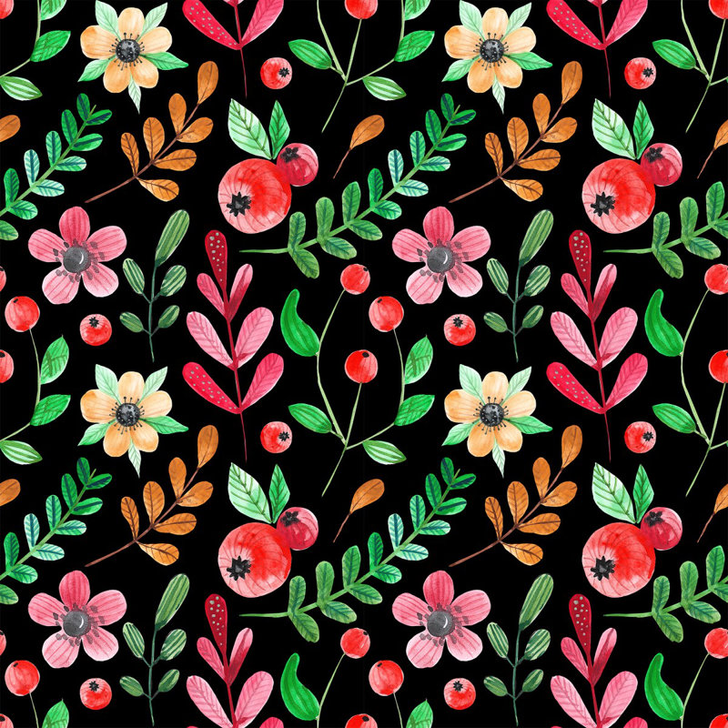 Panneau de papier peint adhésif fleurs et baies sur fond foncé L 18,75 pi x l 25 po