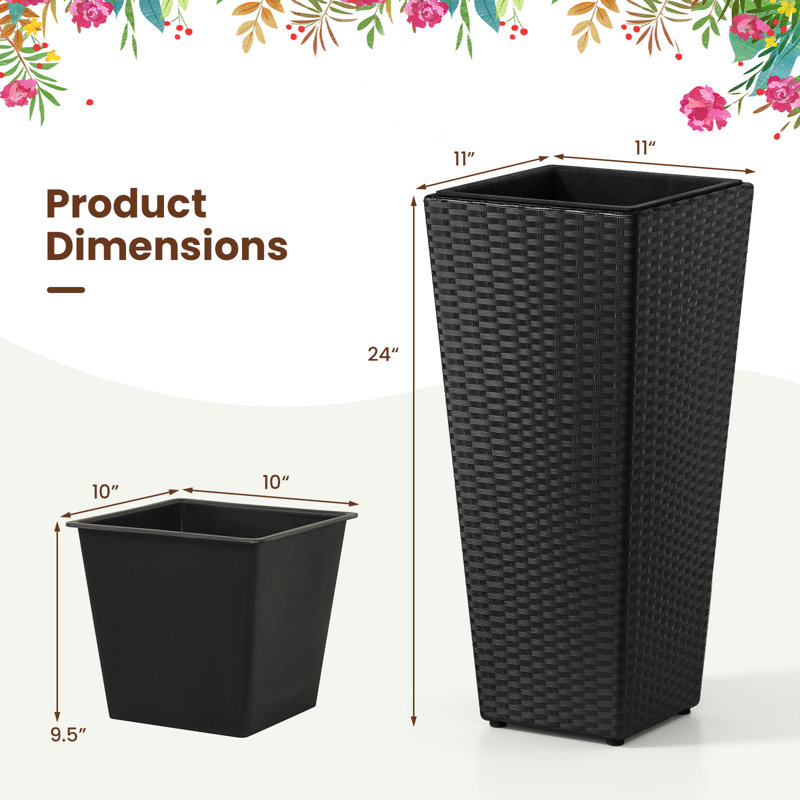 Set Of 2 Tall Rattan Planters With Detachable Plastic Liners, Black, 2, 24" H x 11" W x 11" D, Black