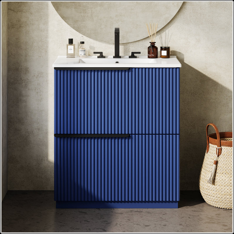 Meuble-lavabo autoportant de 30 pouces avec lavabo en céramique, tiroirs pleine extension et conception cannelée pour un rangement élégant
