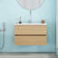 Meuble-lavabo mural 32 po avec tiroirs doubles, système de fermeture en douceur, évier en céramique, conception sans poignée, bois massif, facile à installer, le robinet n'est pas inclus, naturel