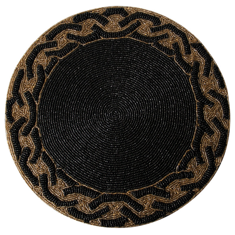 Ensemble de napperon noir perlé rond avec une élégante bordure dorée entrelacée pour table de salle à manger et décoration de Noël
