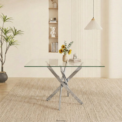 Table de salle à manger 47,24 pouces en verre rectangulaire avec pieds argentés pour la cuisine et la salle à manger
