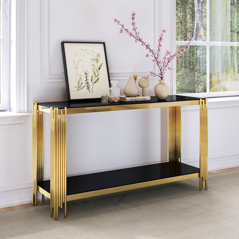 Clodoveo 47.24'' Glass Top Console Table, Black, Gold