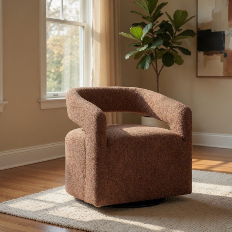 Fauteuil d'appoint pivotant Hill, dossier demi-tonneau, tissu bouclé rouge brun, Baie rouge brun